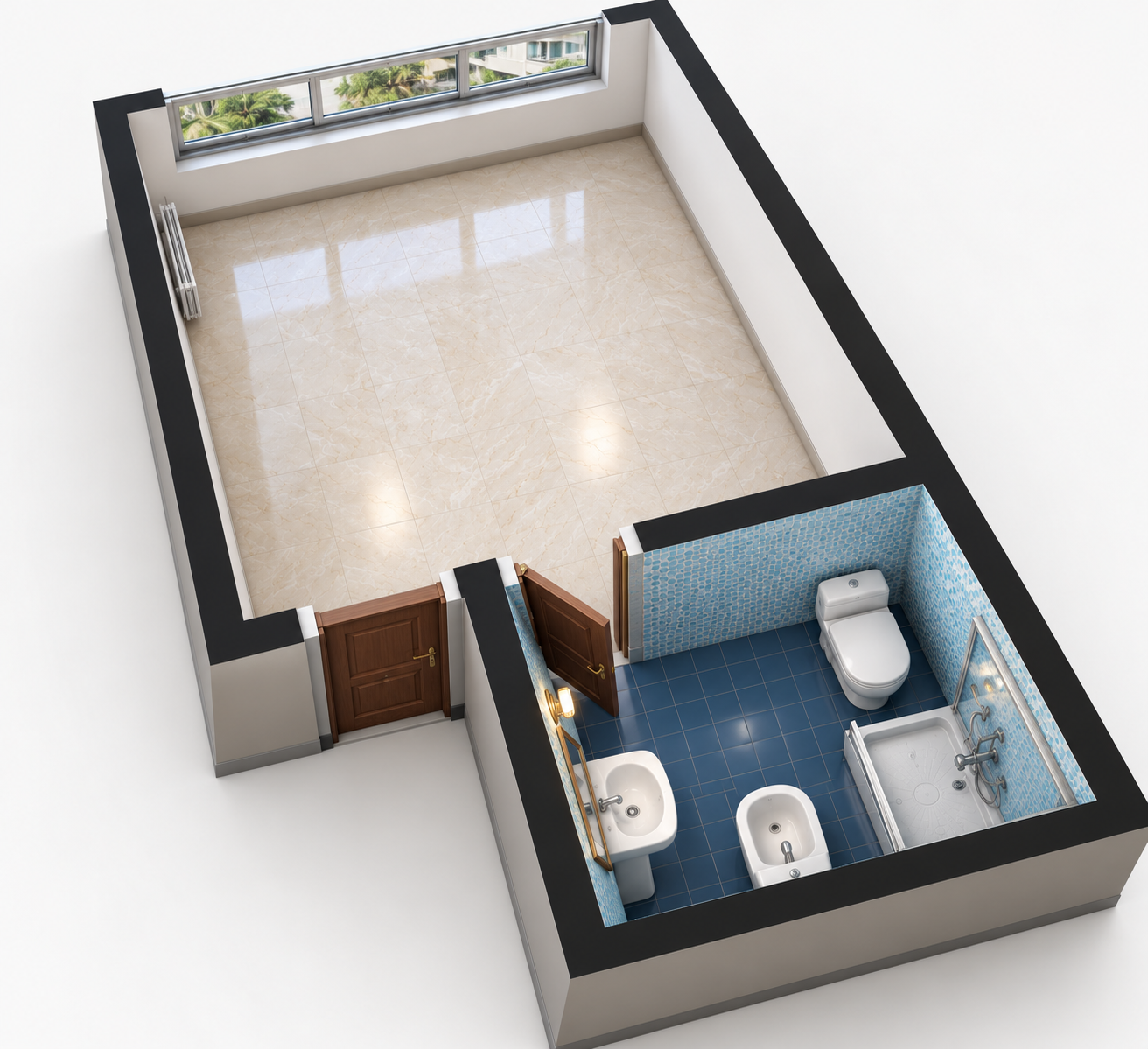 Illustrative 3D studio apartment layout